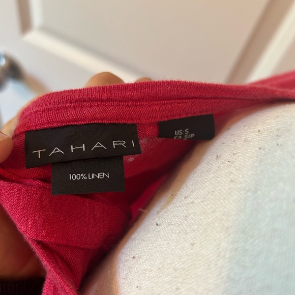 Tahari redish pink crew neck short sleeve linen button down back shirt - Picture 4 of 4